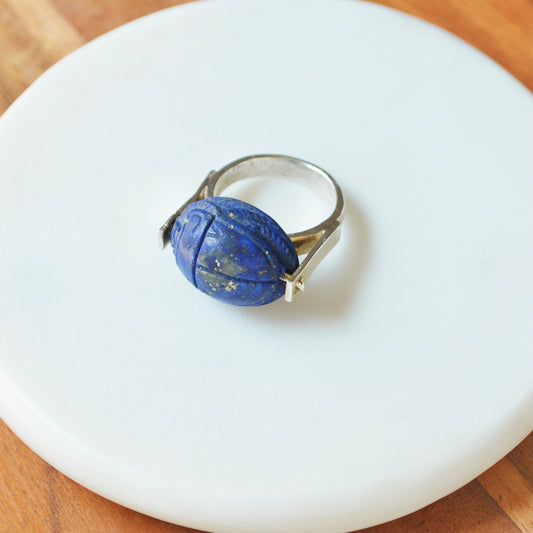 Vintage Lapis Lazuli and Sterling Silver Scarab Ring
