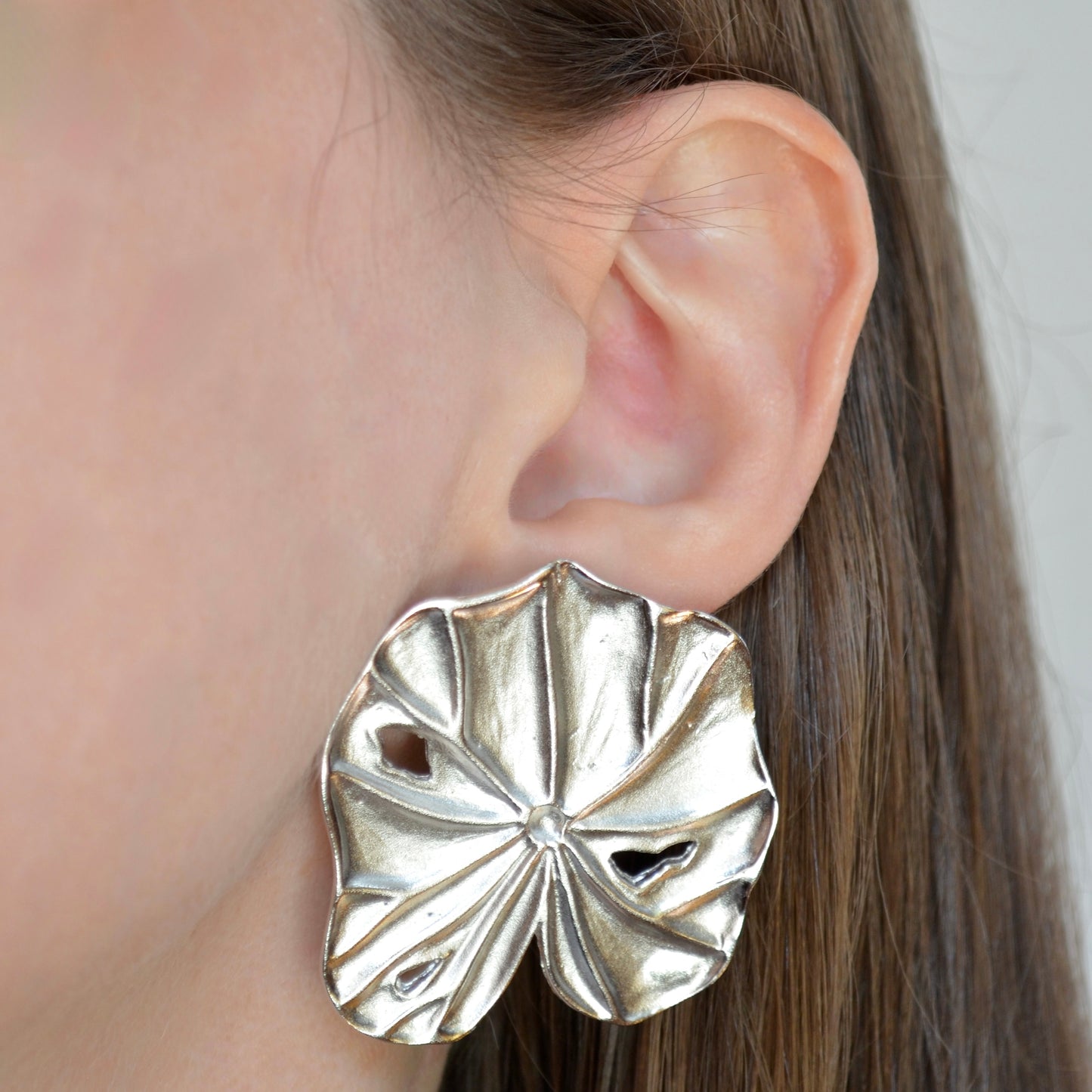 Extra Large Sterling Silver Figural Lily Pad Earrings