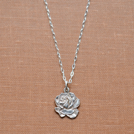 Vintage Sterling Silver Blooming Rose Flower Pendant Necklace