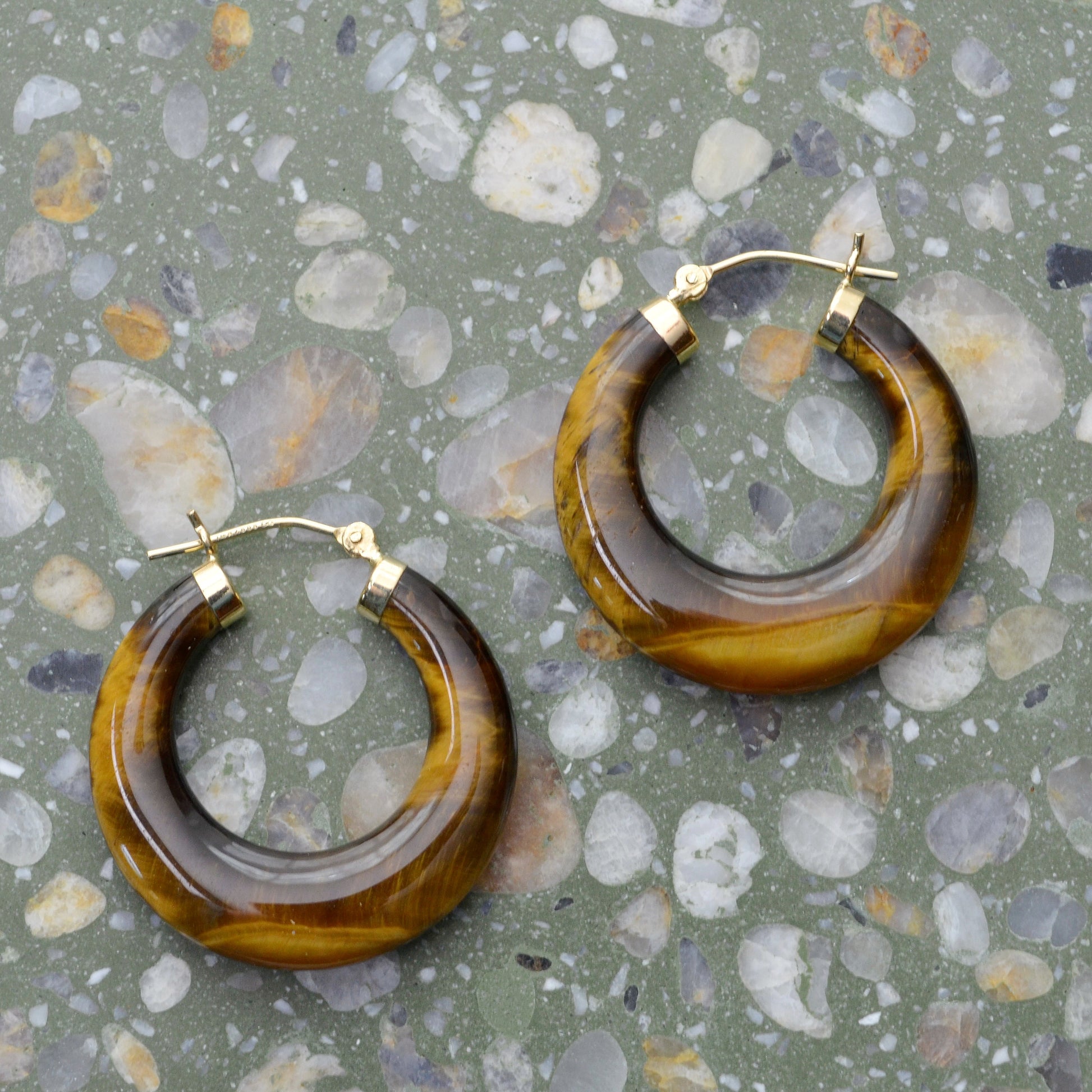 Vintage Chunky Tiger’s Eye and 14k Gold Hoop Earrings