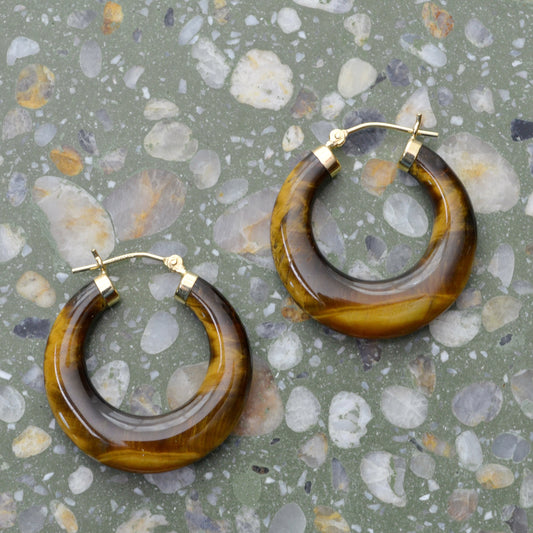Vintage Chunky Tiger’s Eye and 14k Gold Hoop Earrings