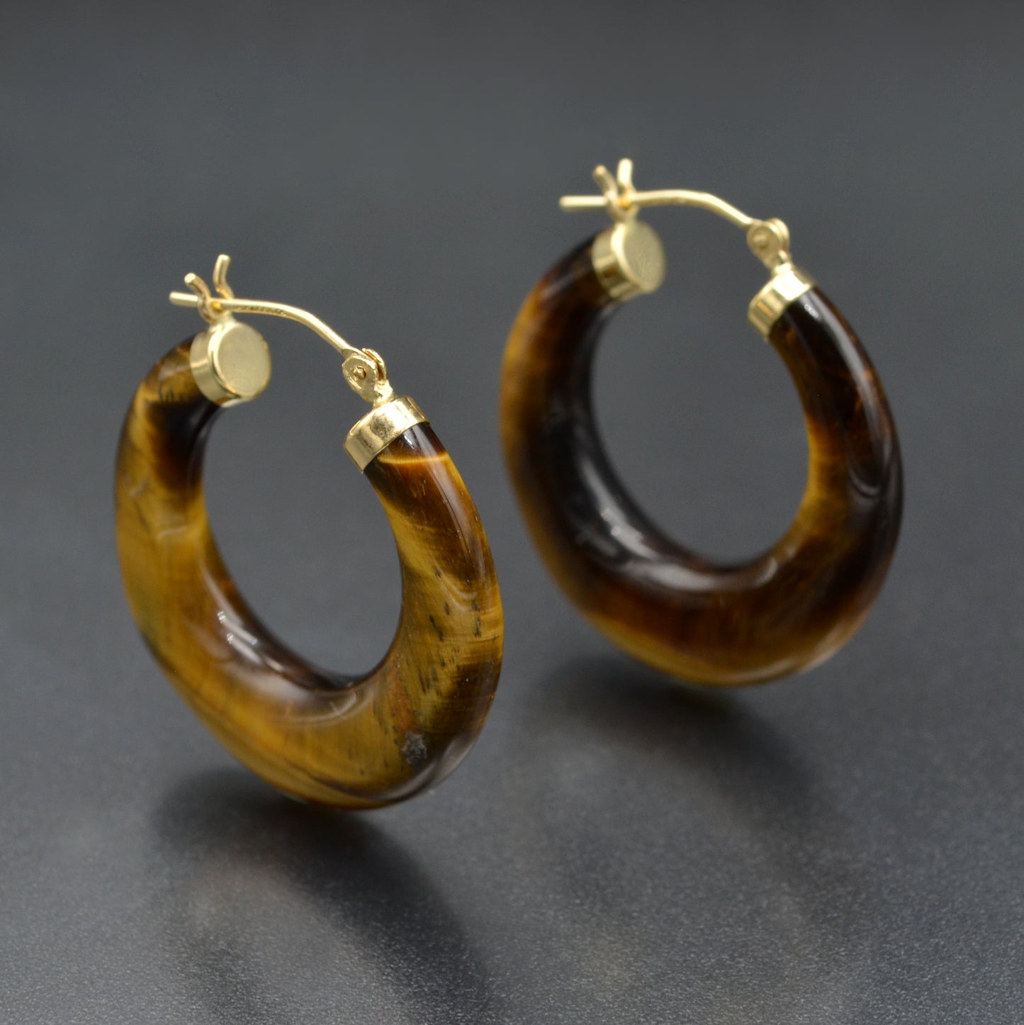 Vintage Chunky Tiger’s Eye and 14k Gold Hoop Earrings