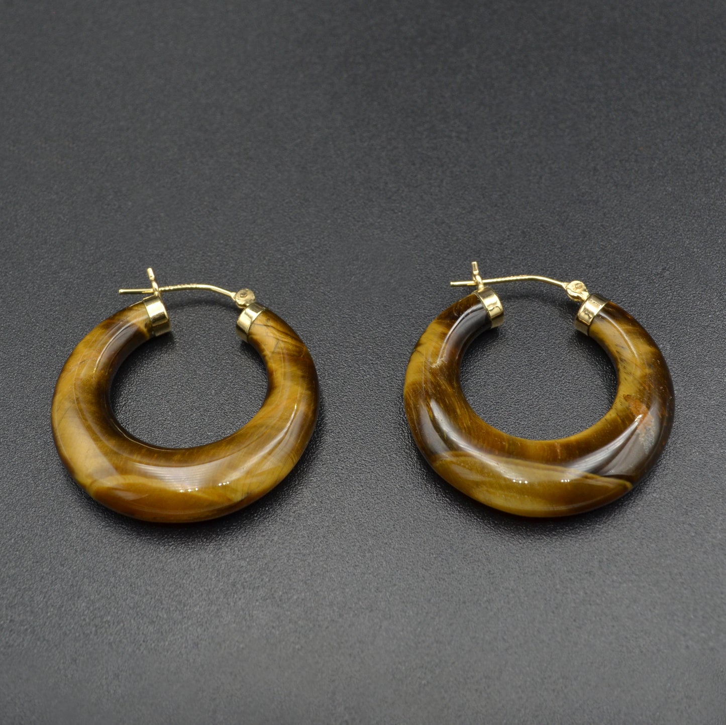 Vintage Chunky Tiger’s Eye and 14k Gold Hoop Earrings