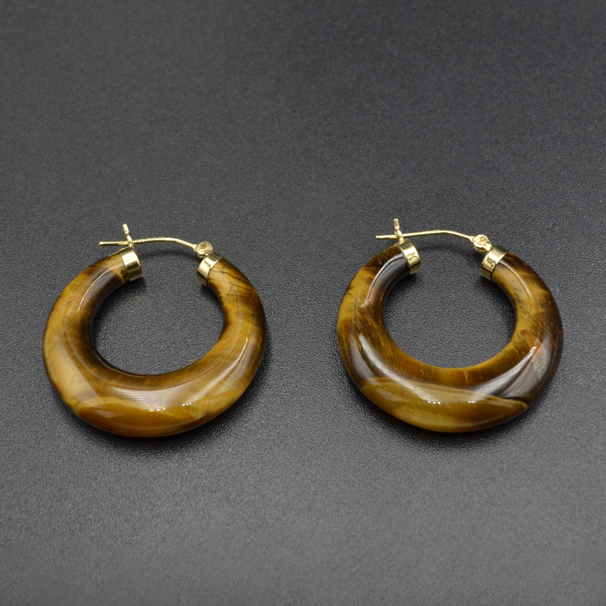 Vintage Chunky Tiger’s Eye and 14k Gold Hoop Earrings