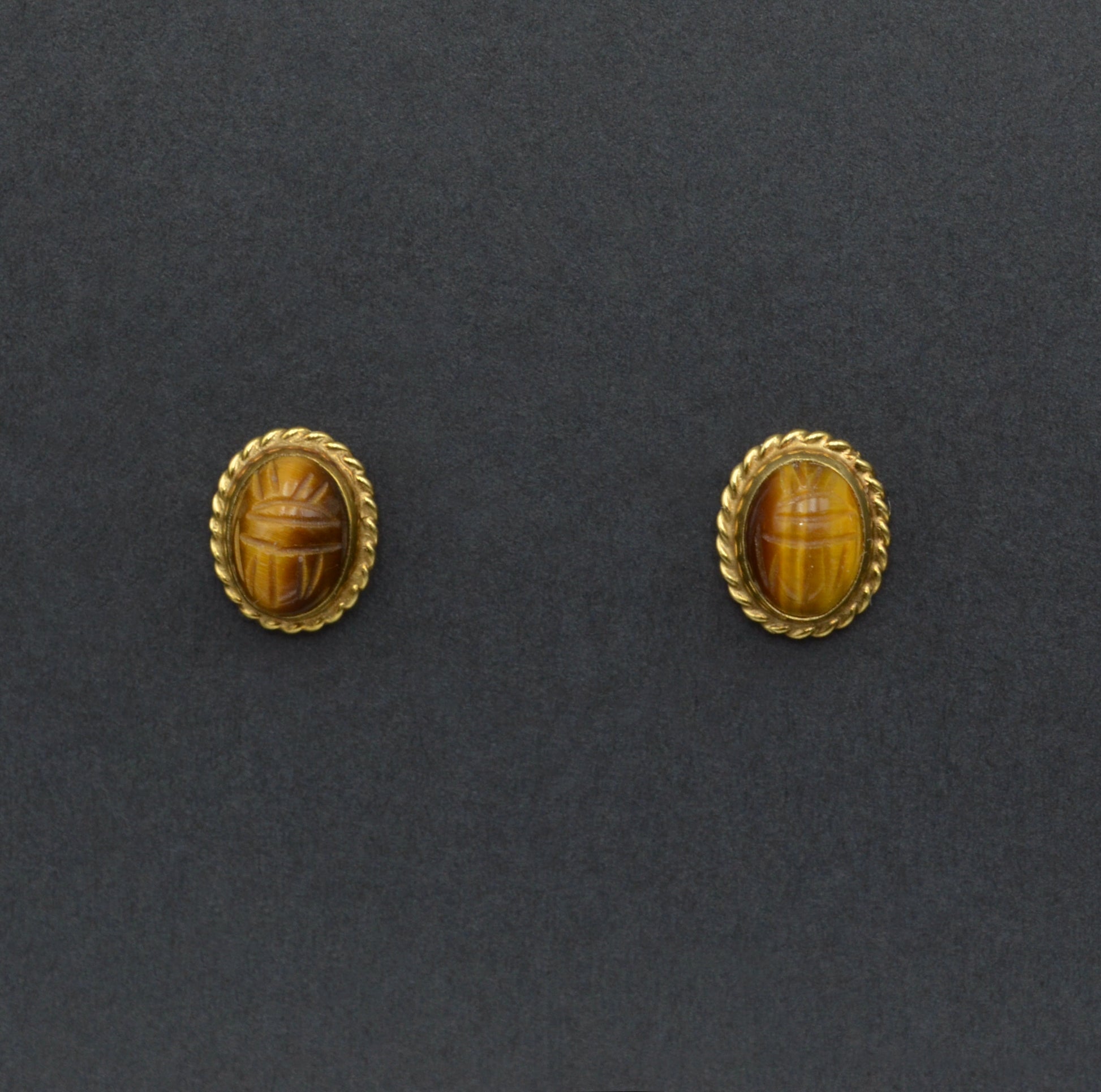 Vintage Tigers Eye And 14k Gold Scarab Earrings