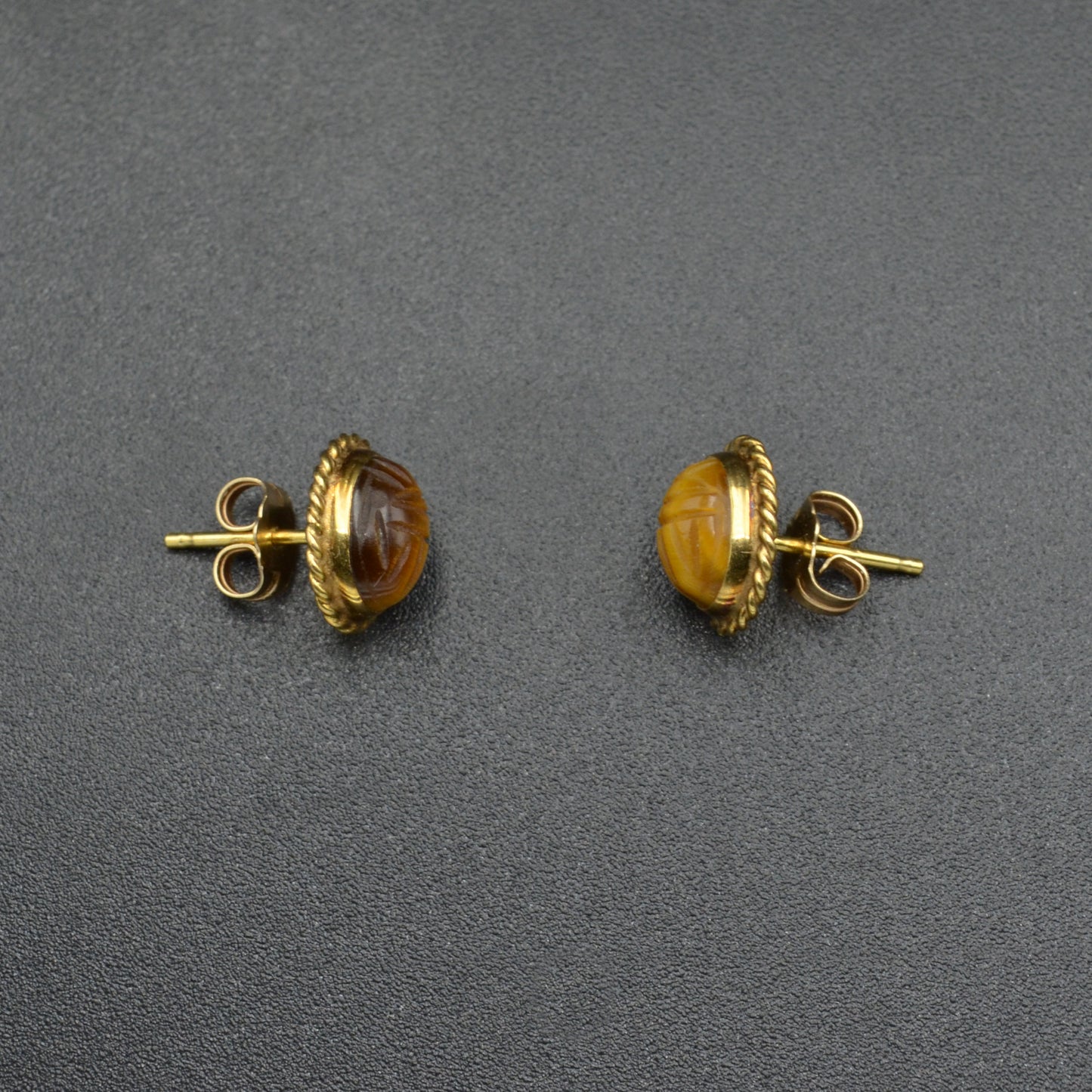 Vintage Tigers Eye And 14k Gold Scarab Earrings