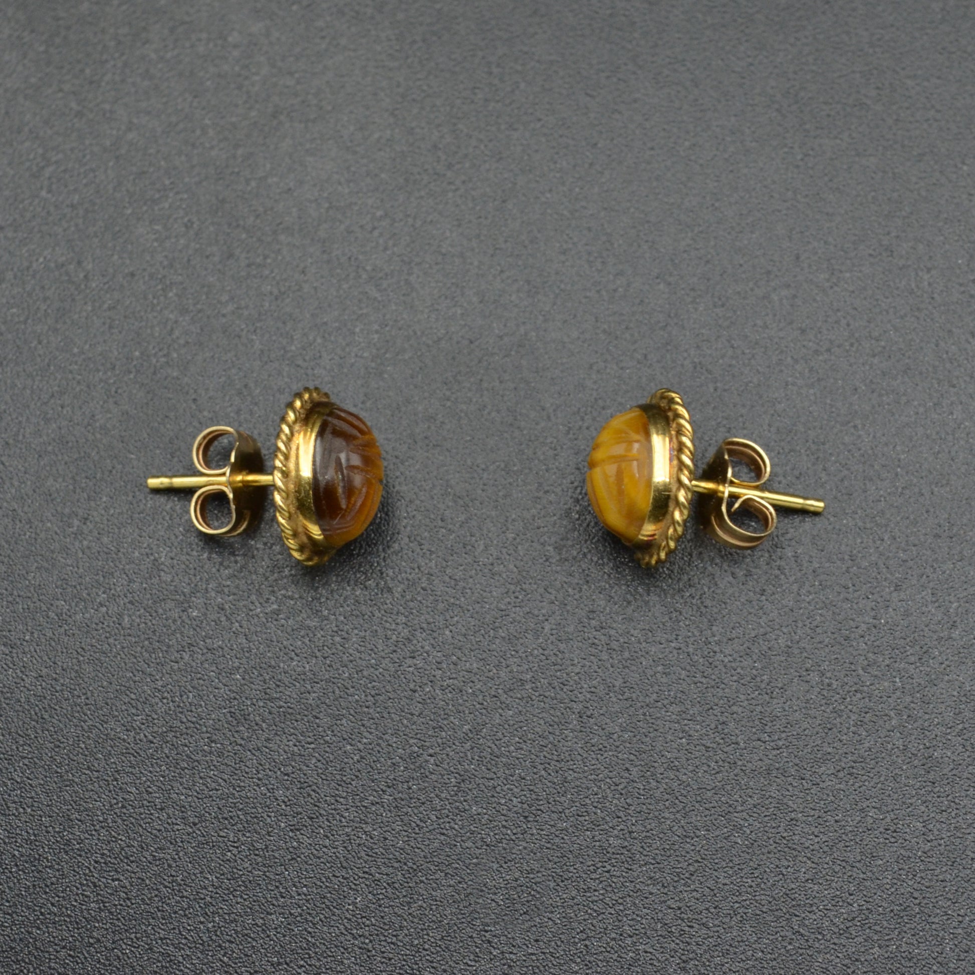 Vintage Tigers Eye And 14k Gold Scarab Earrings