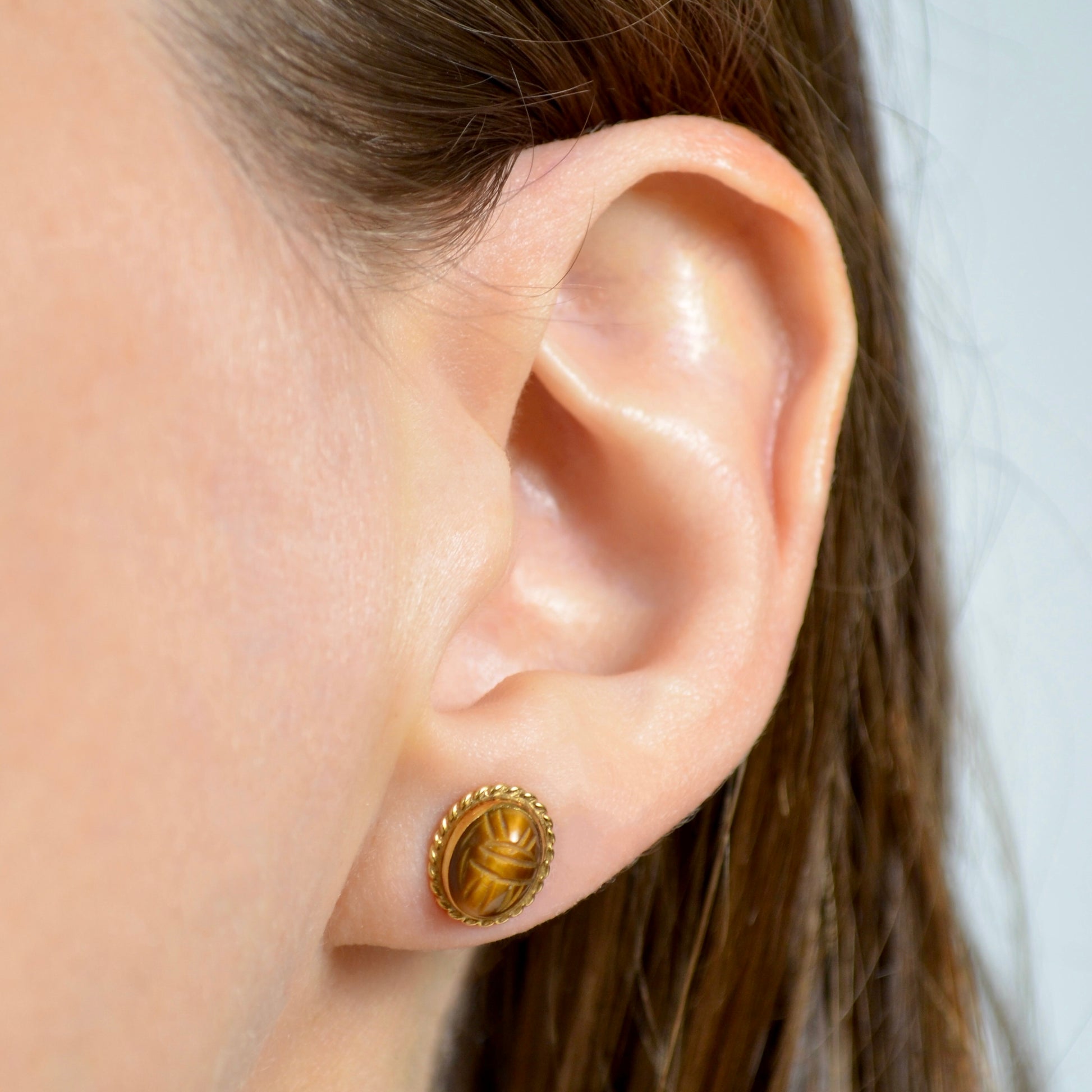 Vintage Tigers Eye And 14k Gold Scarab Earrings