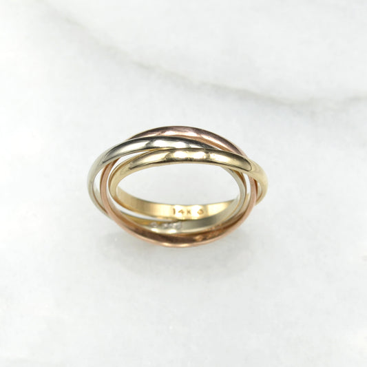 Vintage 14k Yellow, Rose and White Gold Trinity Rolling Ring