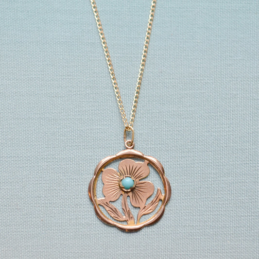 Vintage 10k Gold Turquoise Flower Pendant Necklace