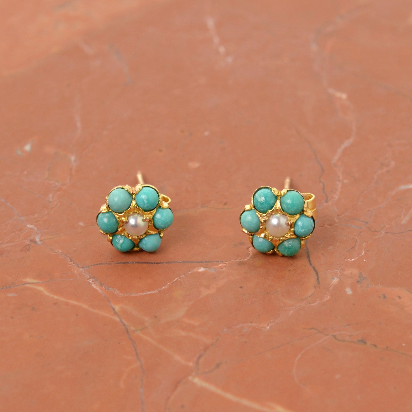Vintage Turquoise, Pearl and 18k Gold Post Earrings