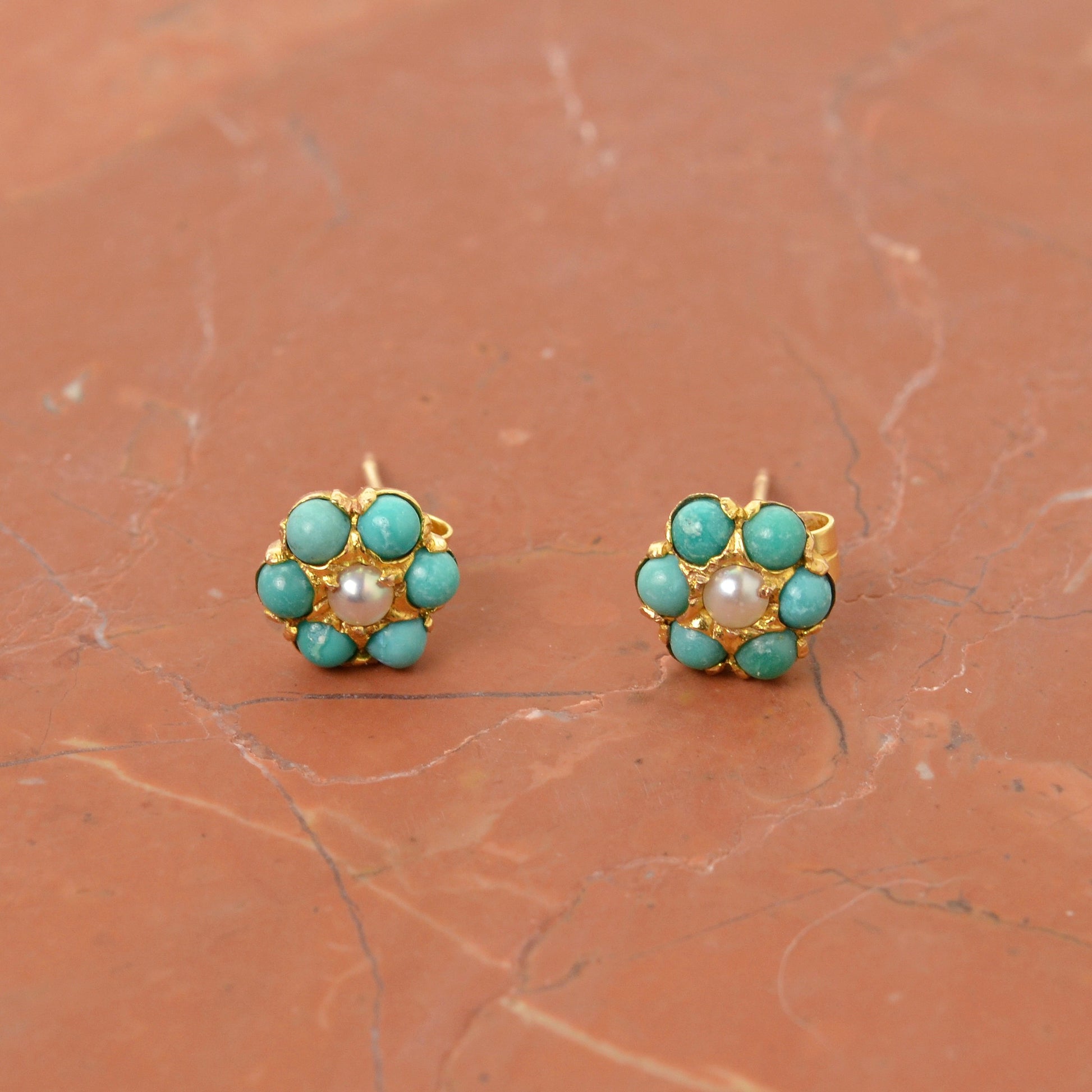 Vintage Turquoise, Pearl and 18k Gold Post Earrings