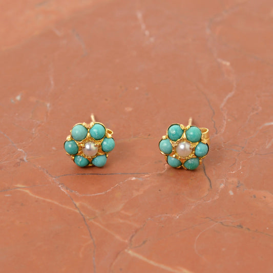 Vintage Turquoise, Pearl and 18k Gold Post Earrings