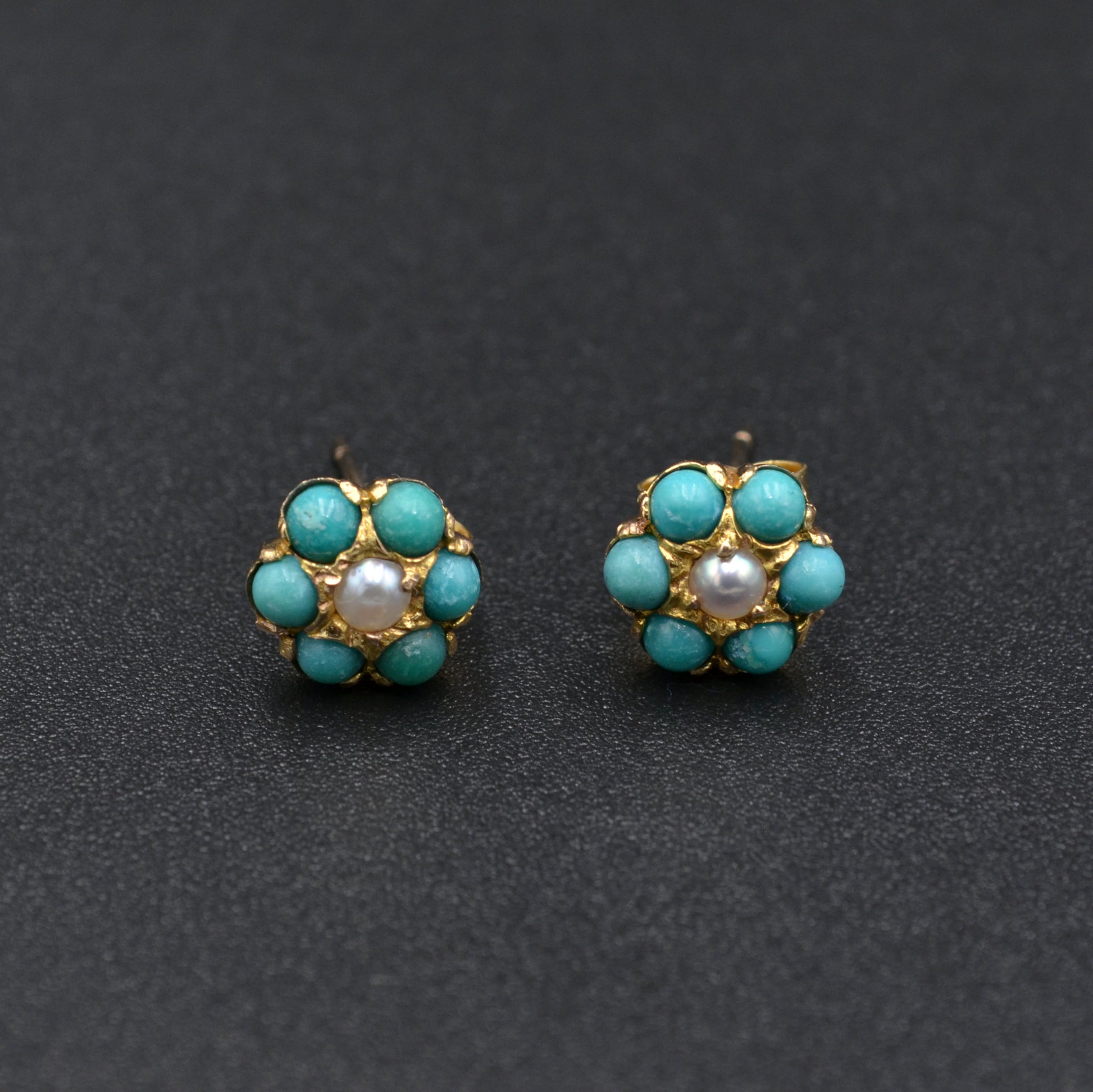 Vintage Turquoise, Pearl and 18k Gold Post Earrings