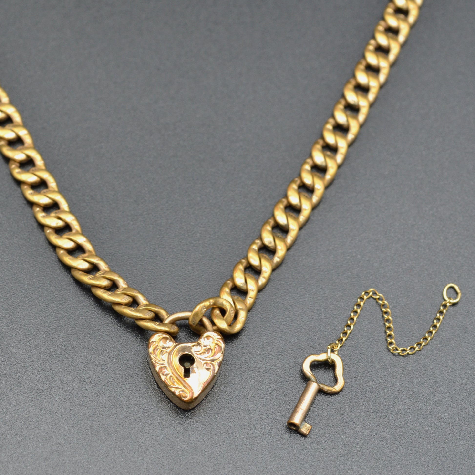 Antique Victorian Gold-filled Heart Padlock Curb Chain Necklace