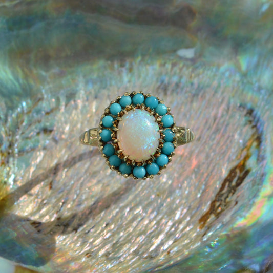 Vintage Opal and Turquoise 10k Gold Halo Ring