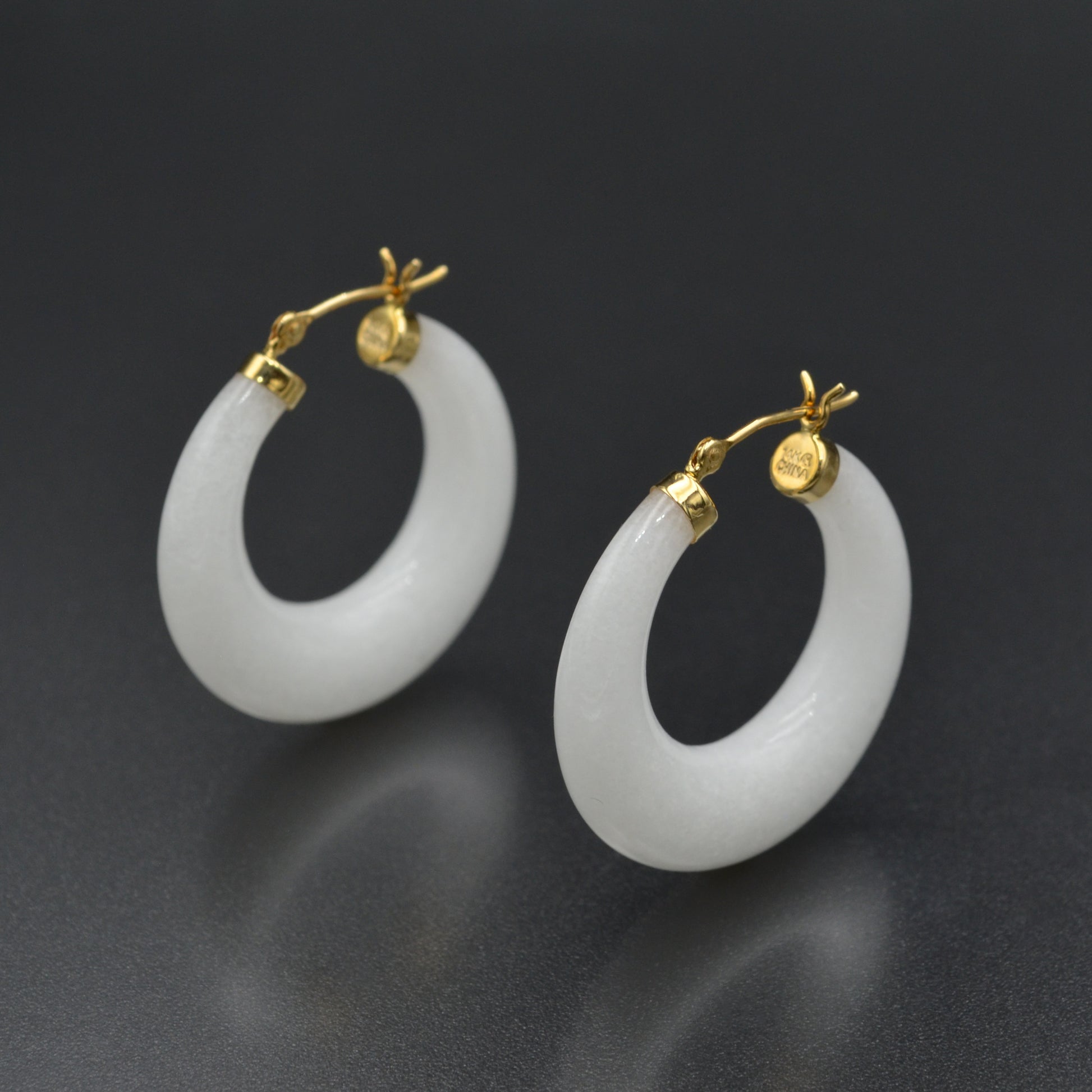 Vintage Chunky White Jade and 14k Gold Hoop Earrings