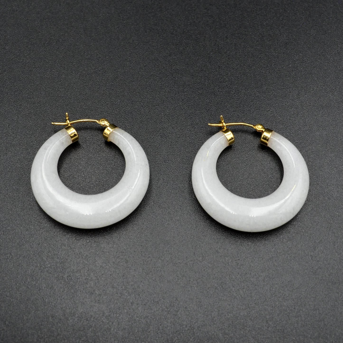 Vintage Chunky White Jade and 14k Gold Hoop Earrings