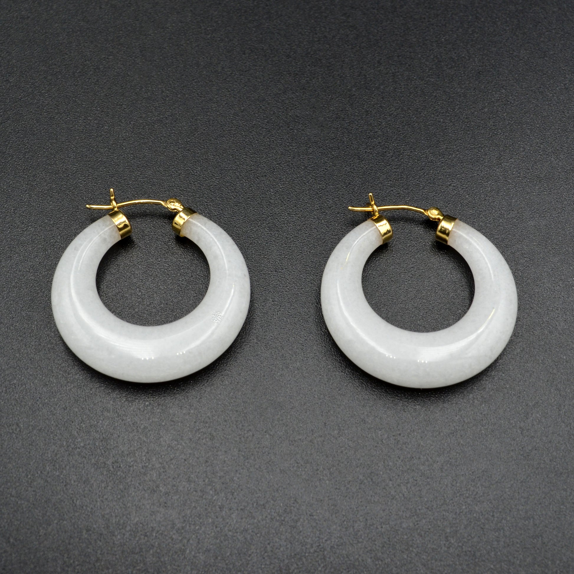 Vintage Chunky White Jade and 14k Gold Hoop Earrings