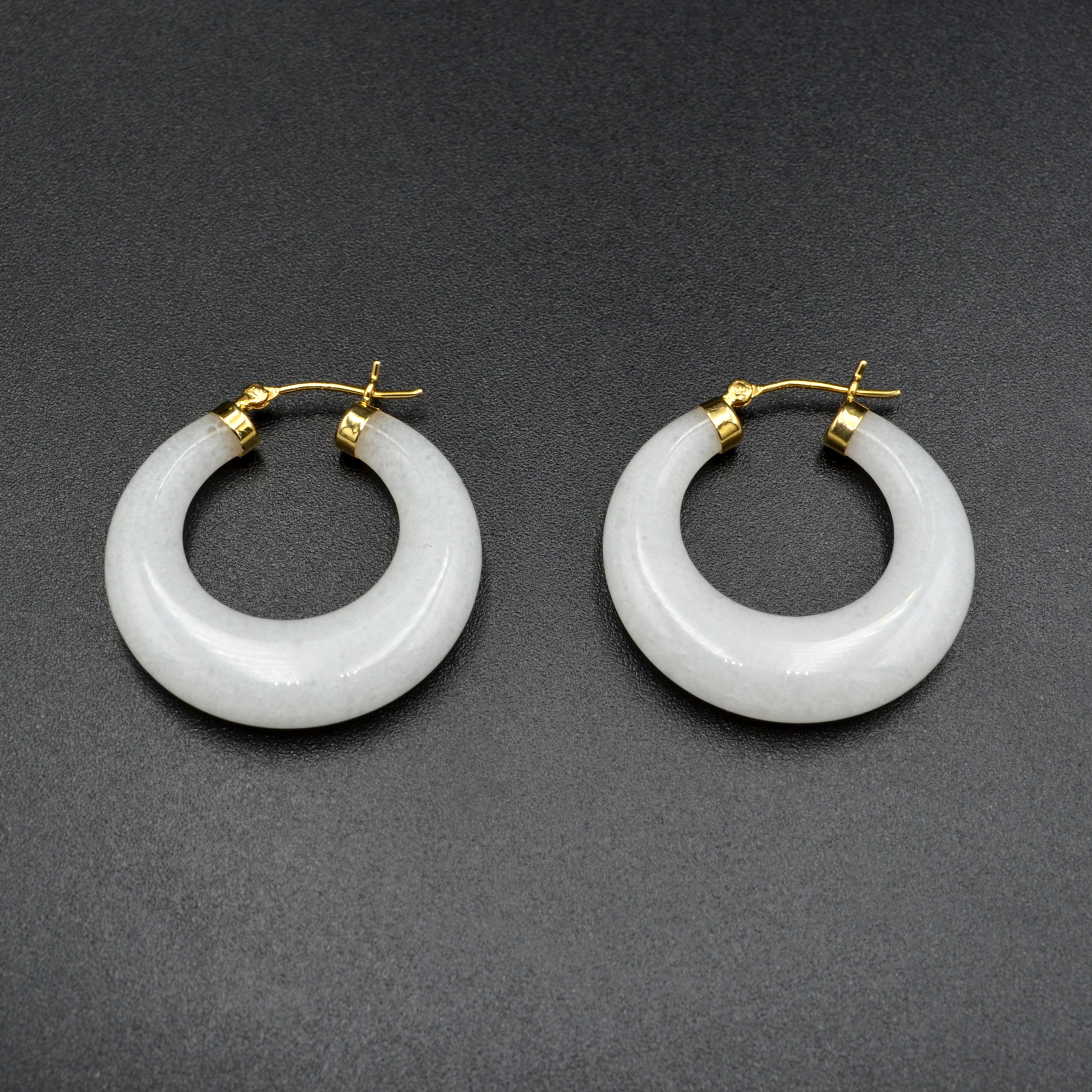 Vintage Chunky White Jade and 14k Gold Hoop Earrings