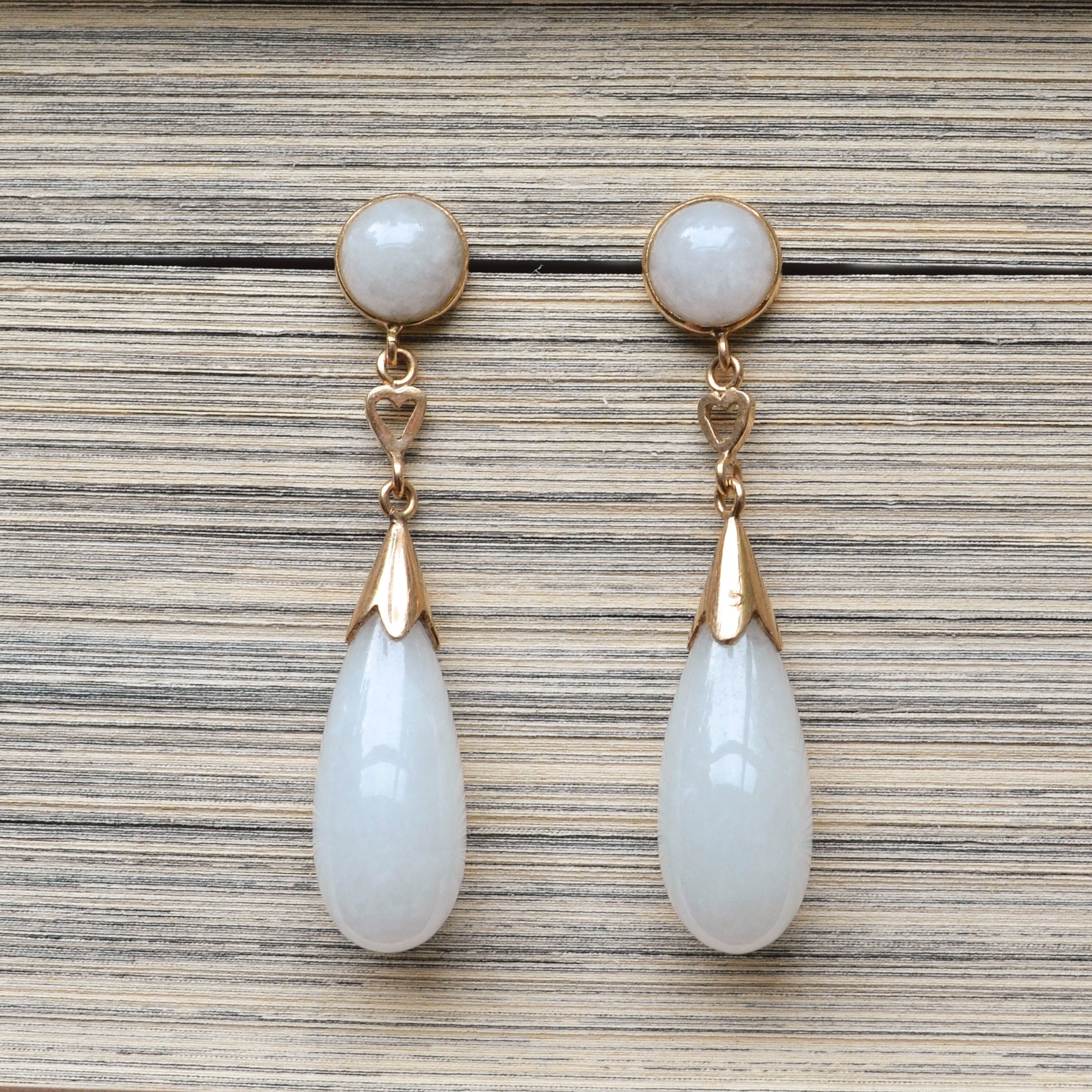 Vintage White Jade and 14k Gold Drop Earrings
