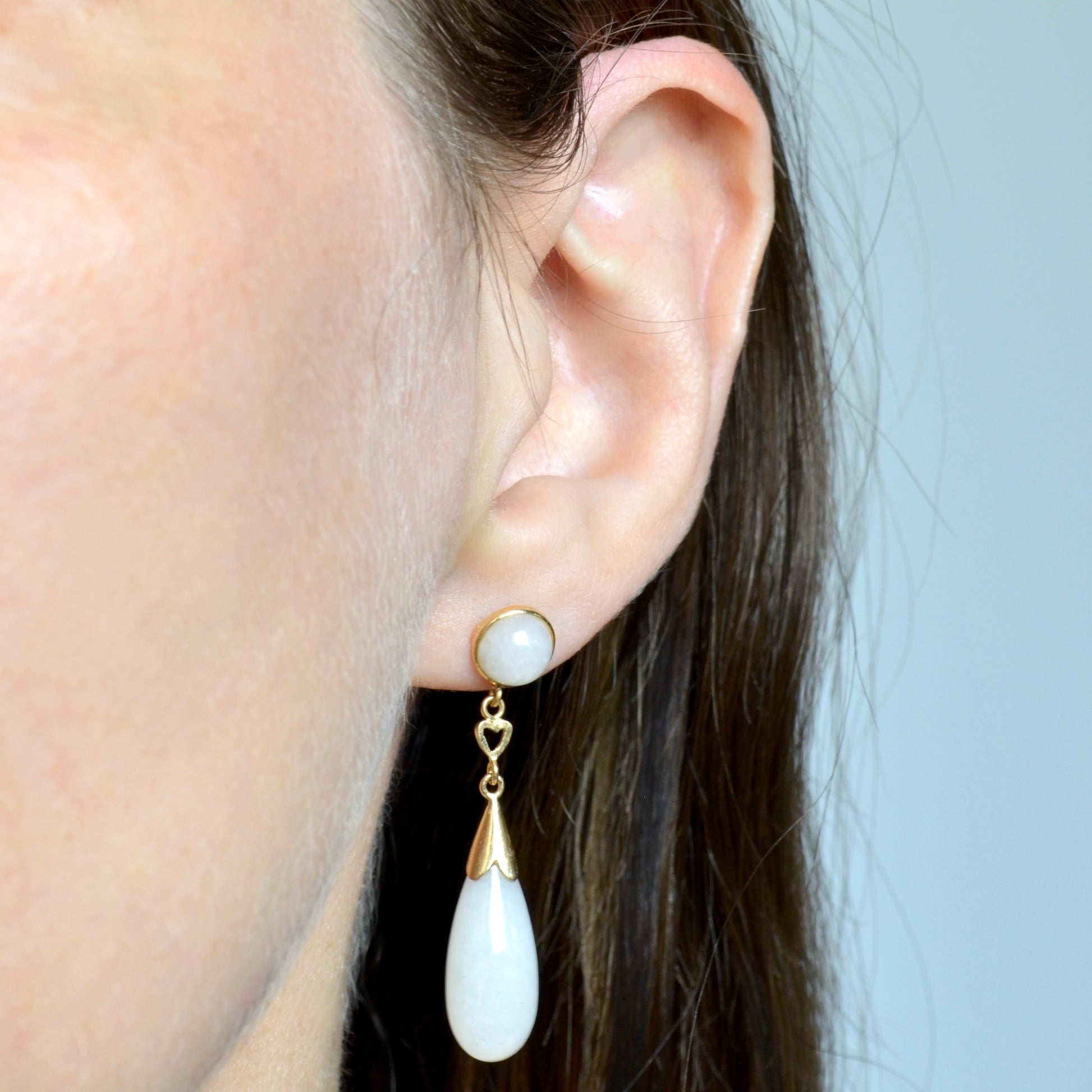 Vintage White Jade and 14k Gold Drop Earrings