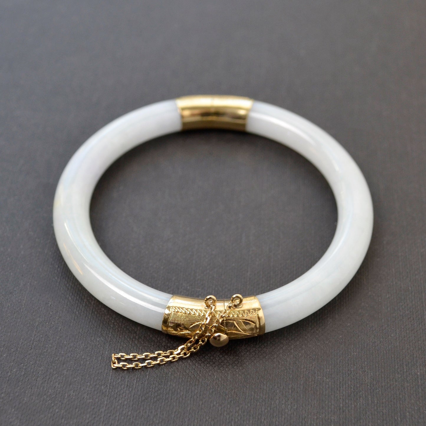Vintage White Jade and 14k Gold Hinged Bangle Bracelet