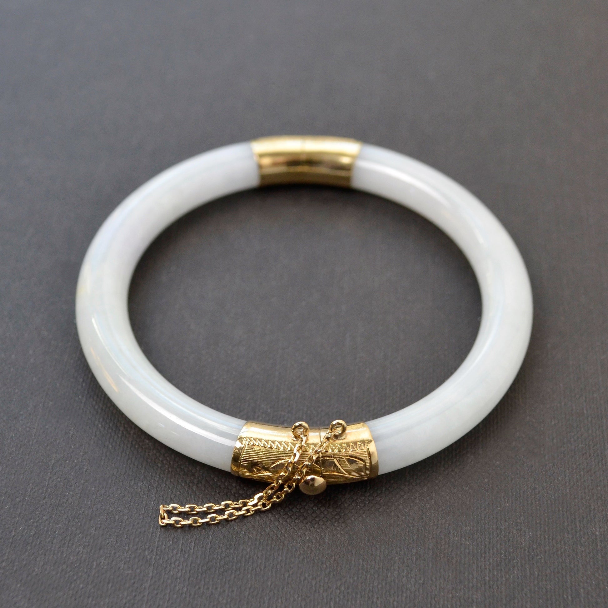 Vintage White Jade and 14k Gold Hinged Bangle Bracelet