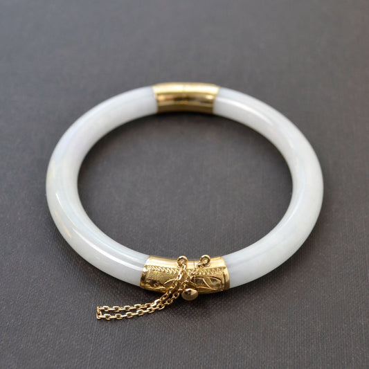 Vintage White Jade and 14k Gold Hinged Bangle Bracelet