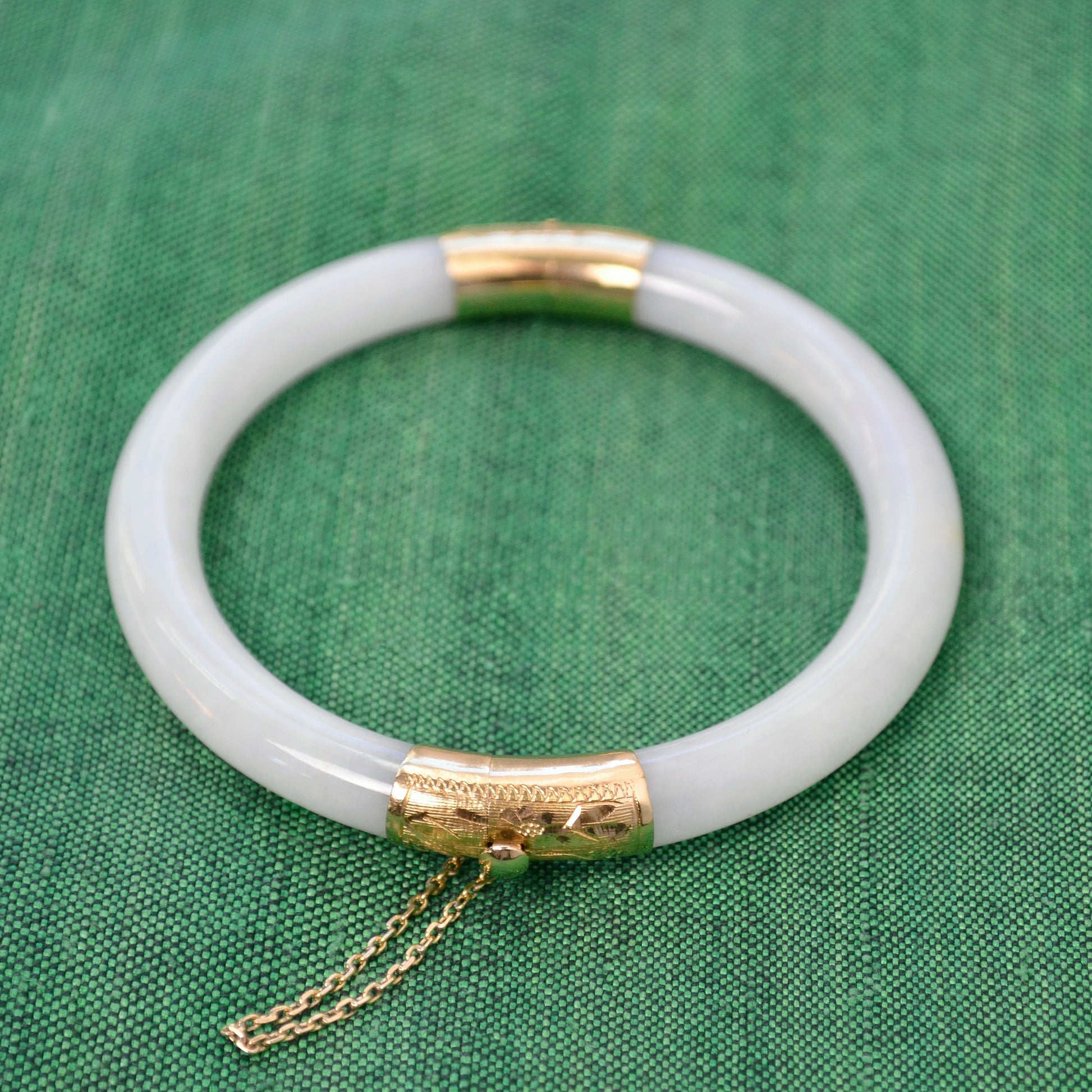 Vintage White Jade and 14k Gold Hinged Bangle Bracelet