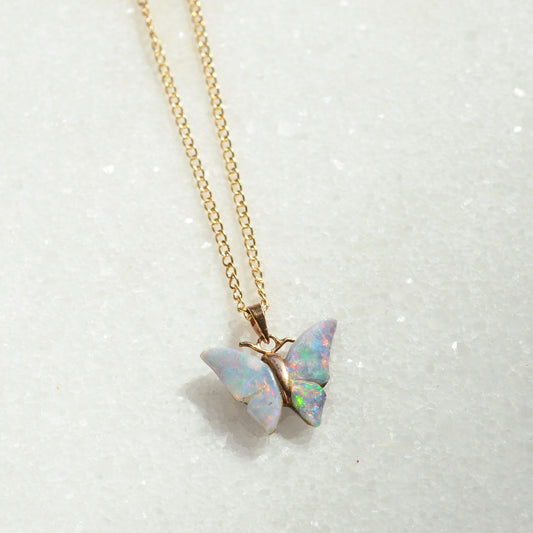 Vintage White Opal Butterfly and 14k Gold Necklace