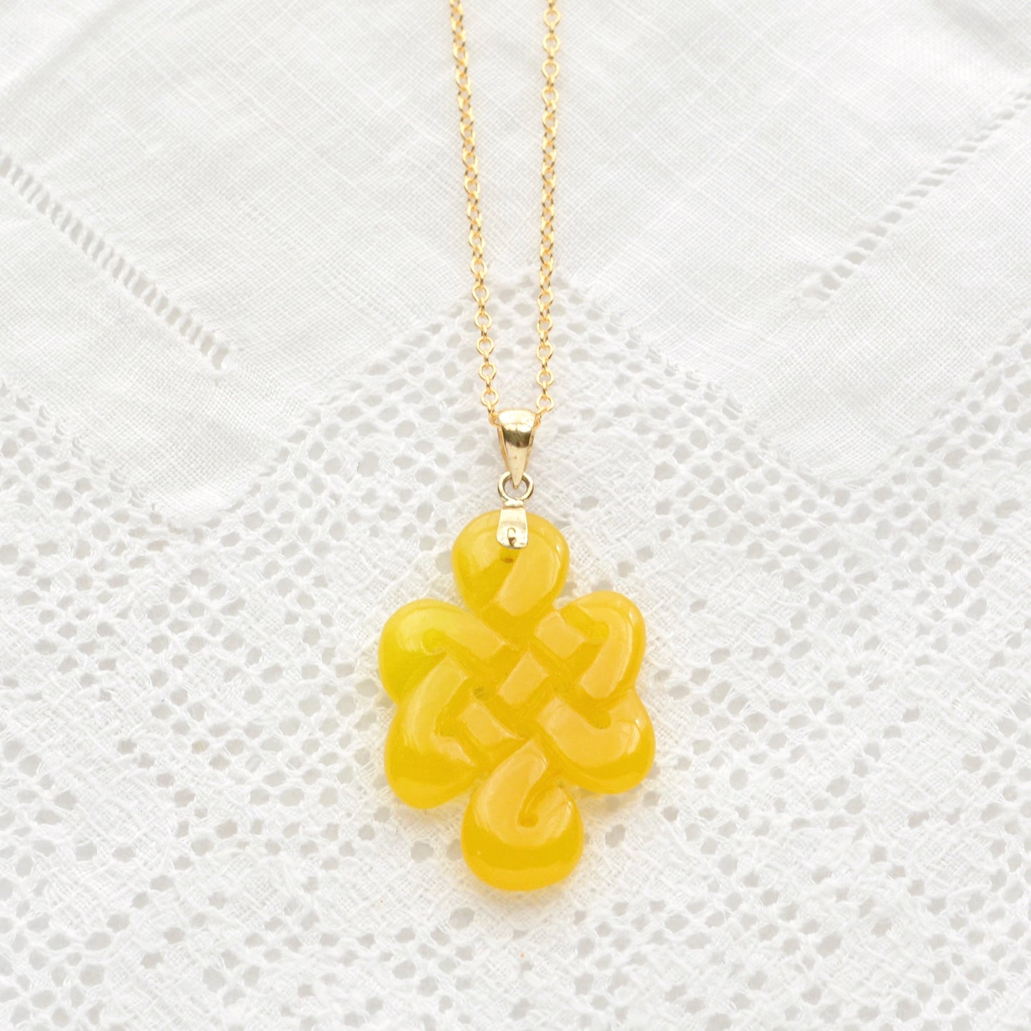 Vintage Yellow Jade Knot and 14k Gold Necklace