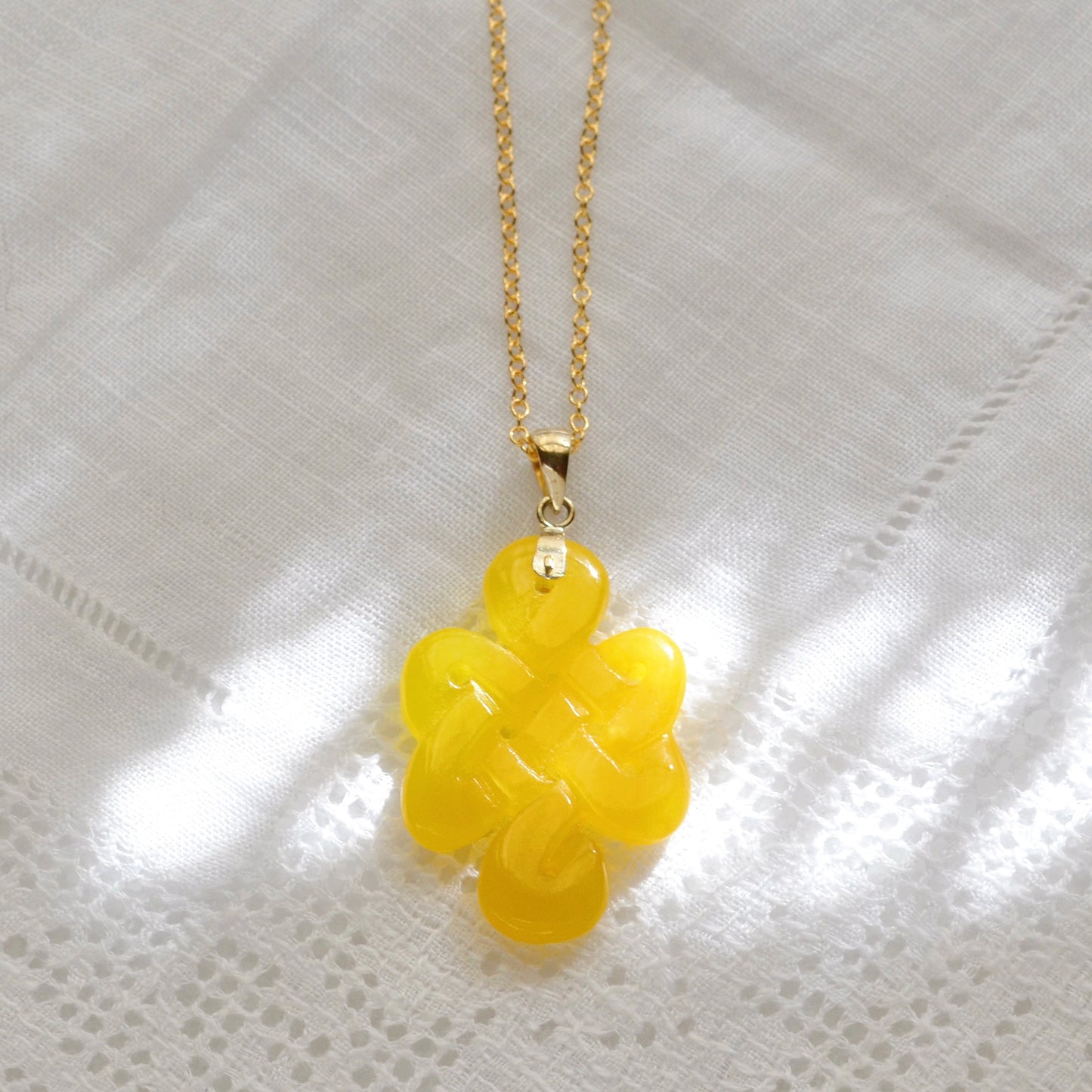 Vintage Yellow Jade Knot and 14k Gold Necklace