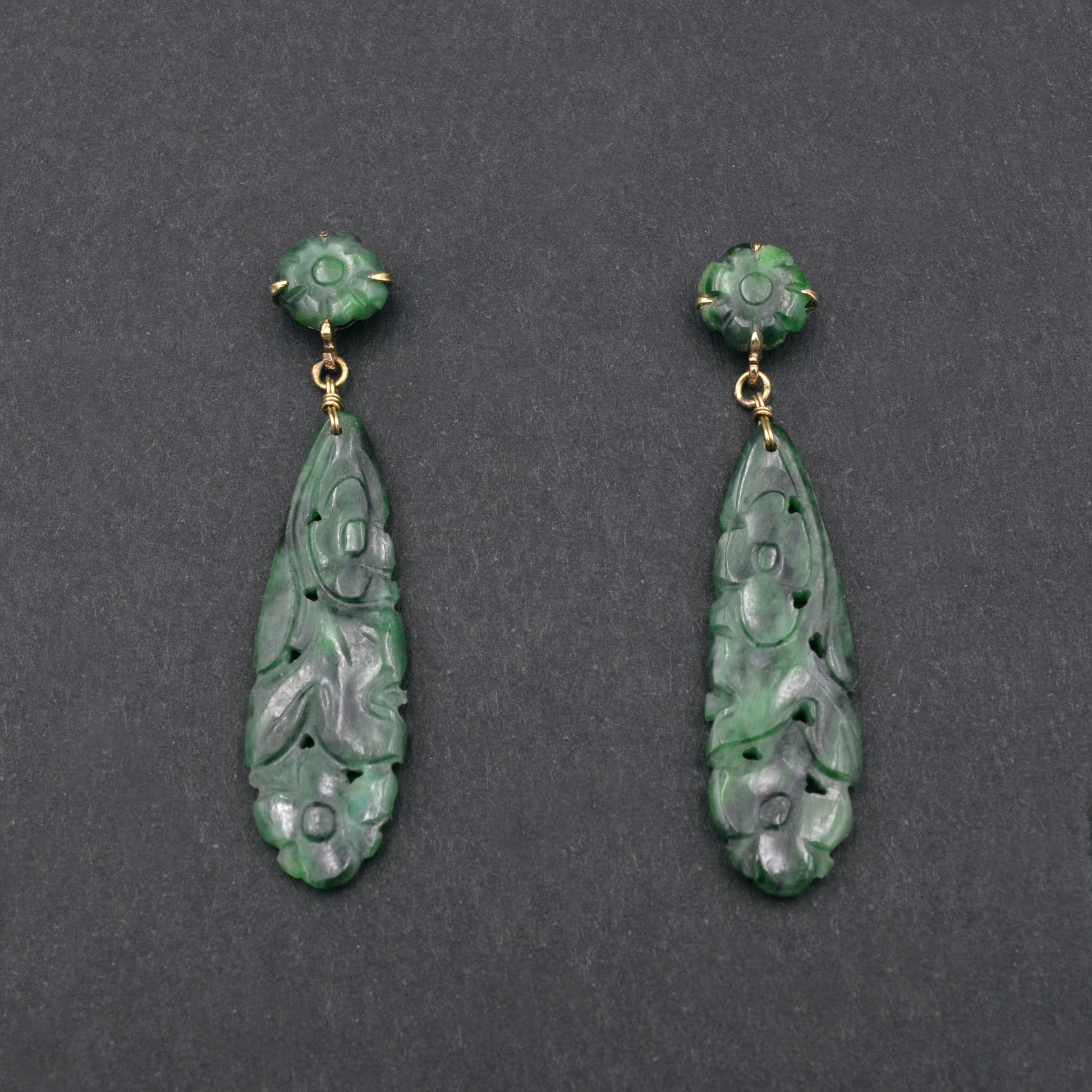 Art Deco 14k Gold Chinese Carved Jade Antique Earrings