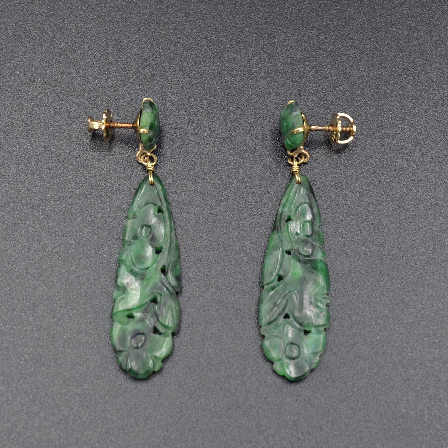 Art Deco 14k Gold Chinese Carved Jade Antique Earrings