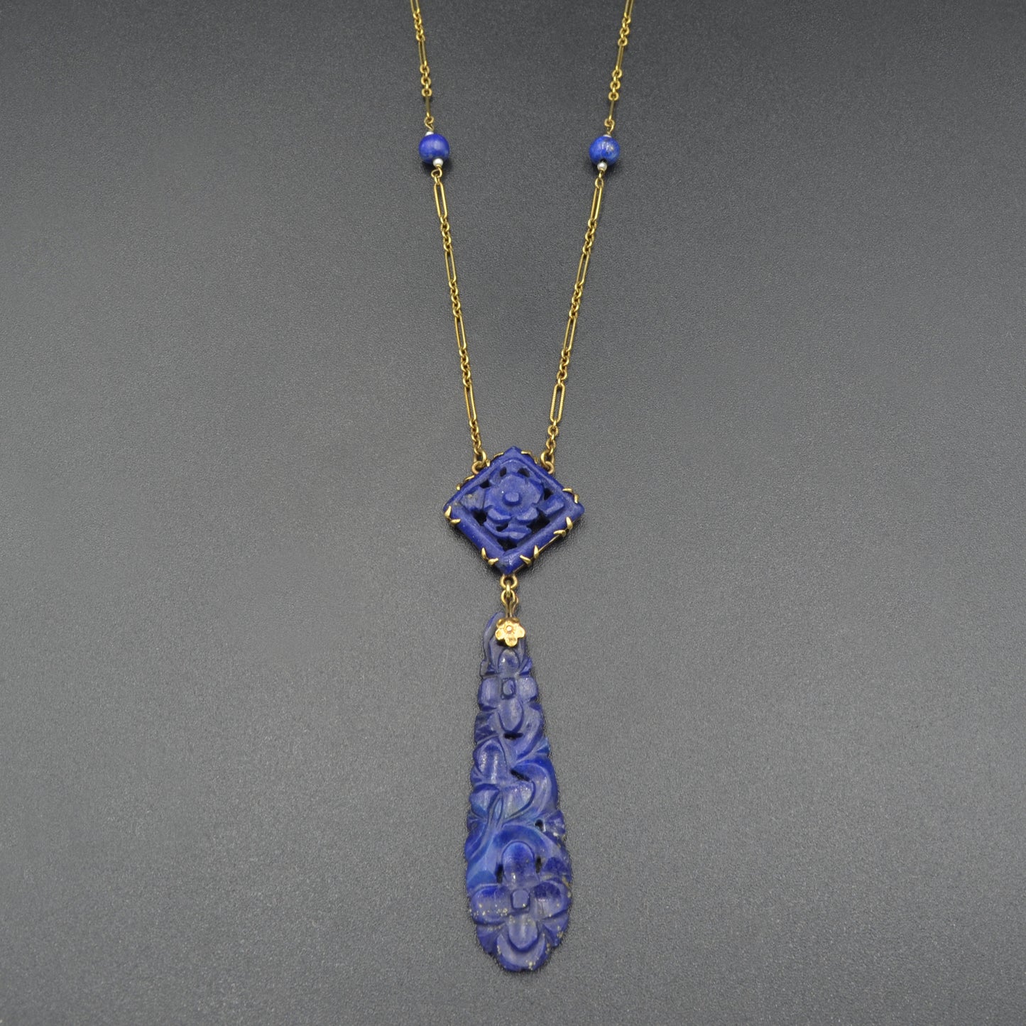 Art Deco 14k Gold Chinese Carved Lapis Lazuli Antique Necklace