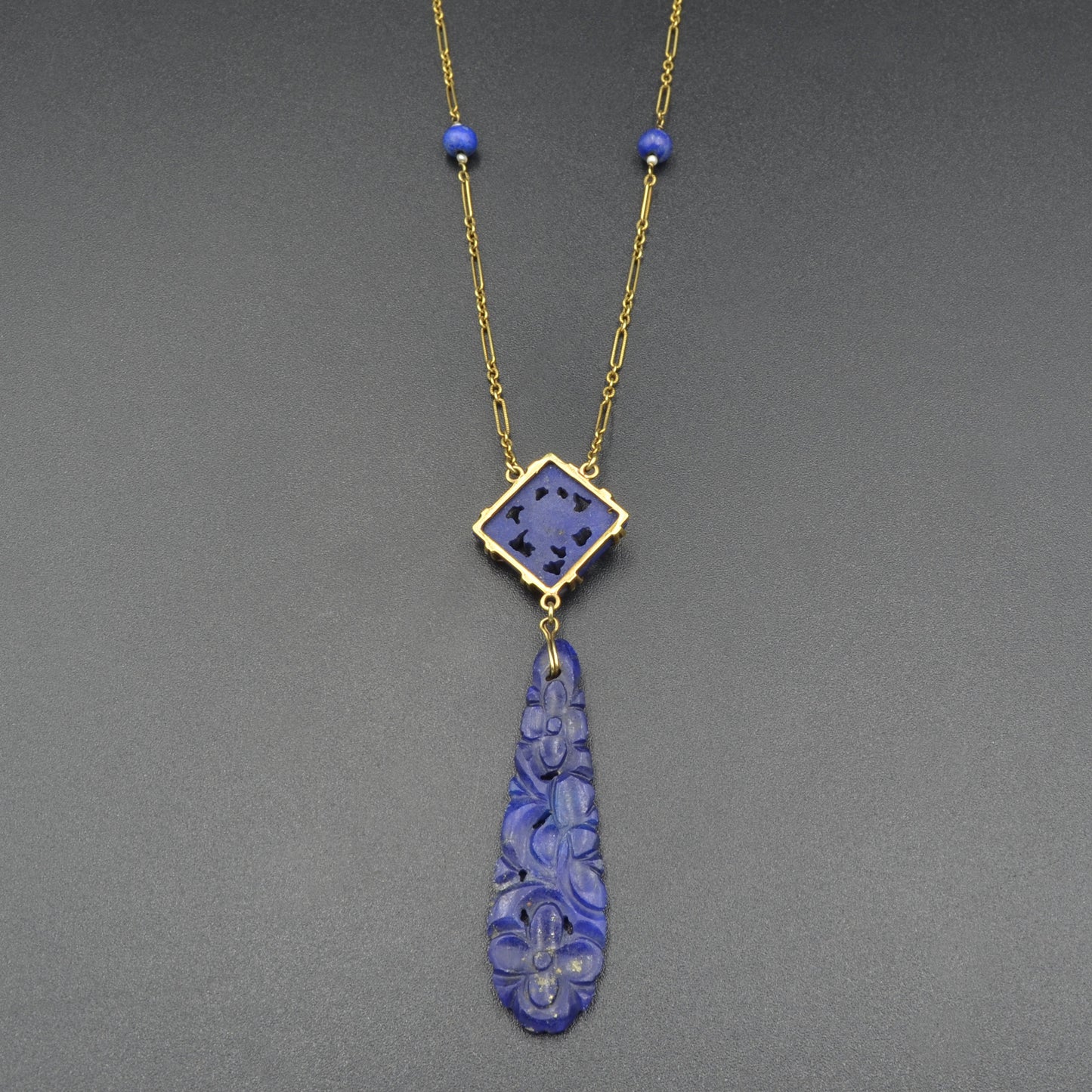 Art Deco 14k Gold Chinese Carved Lapis Lazuli Antique Necklace