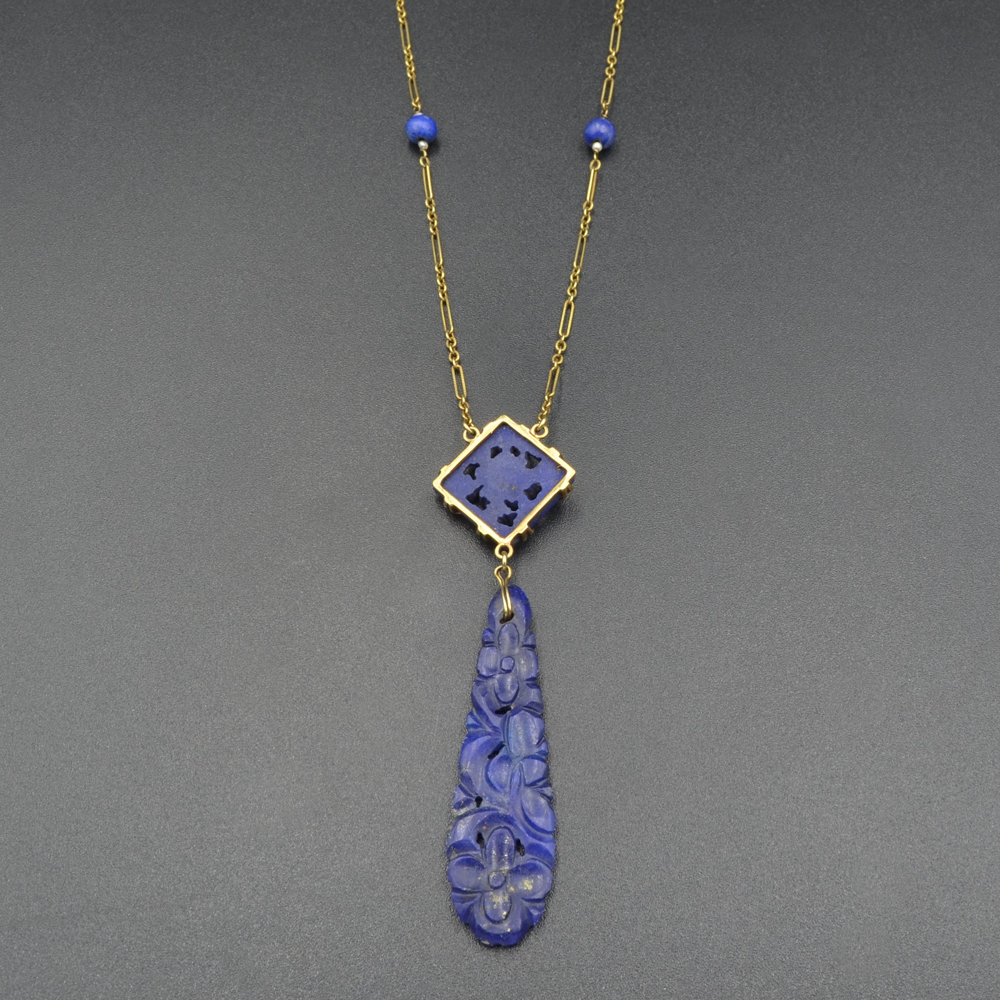 Art Deco 14k Gold Chinese Carved Lapis Lazuli Antique Necklace