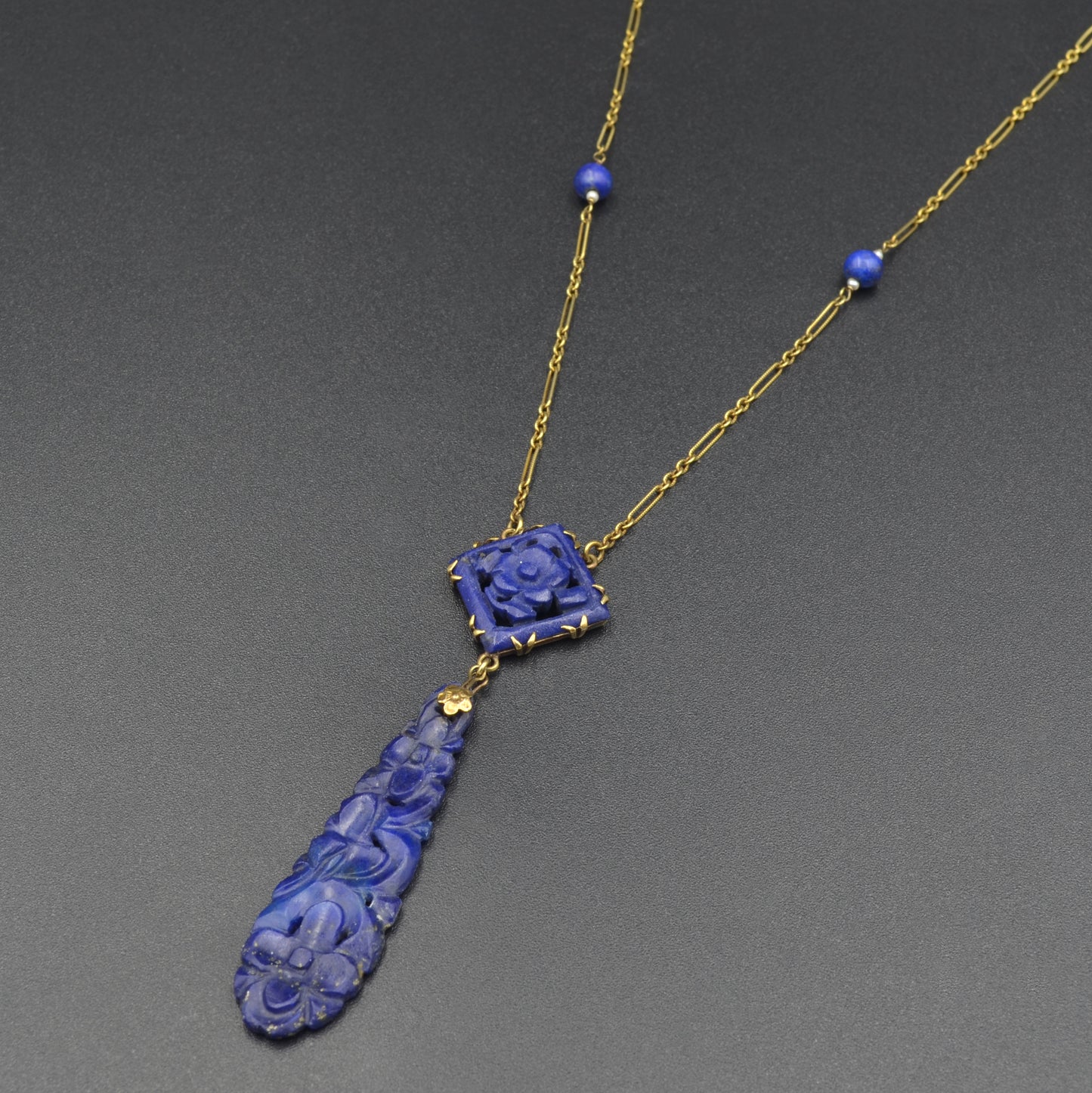 Art Deco 14k Gold Chinese Carved Lapis Lazuli Antique Necklace