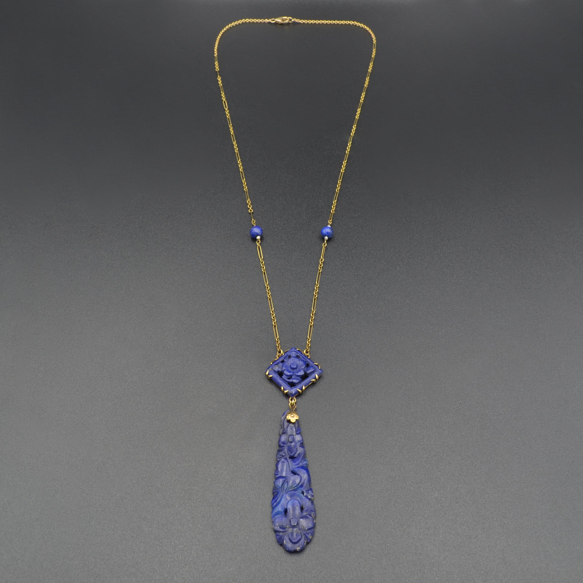 Art Deco 14k Gold Chinese Carved Lapis Lazuli Antique Necklace