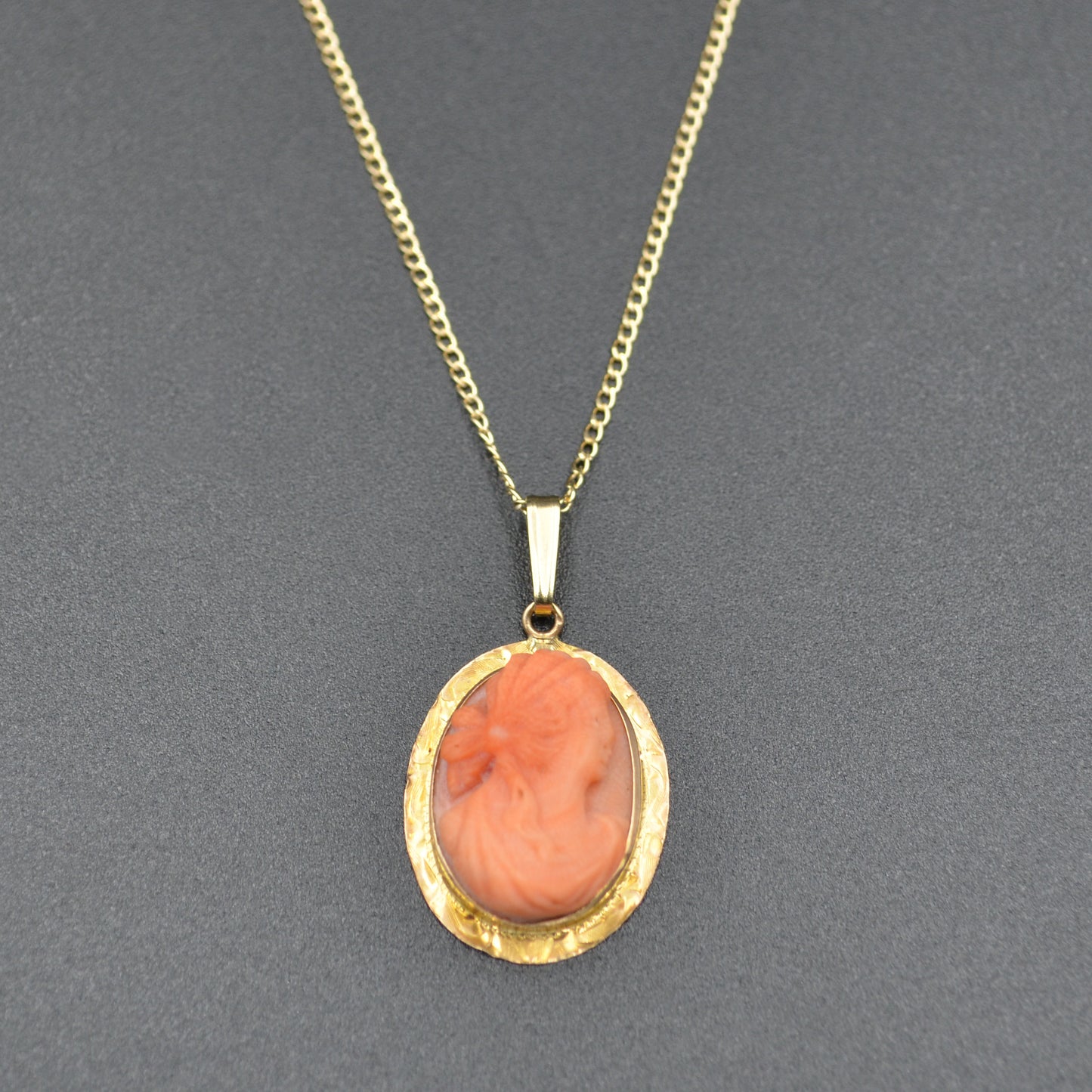 Antique Carved Coral Cameo and 14k Gold Necklace 