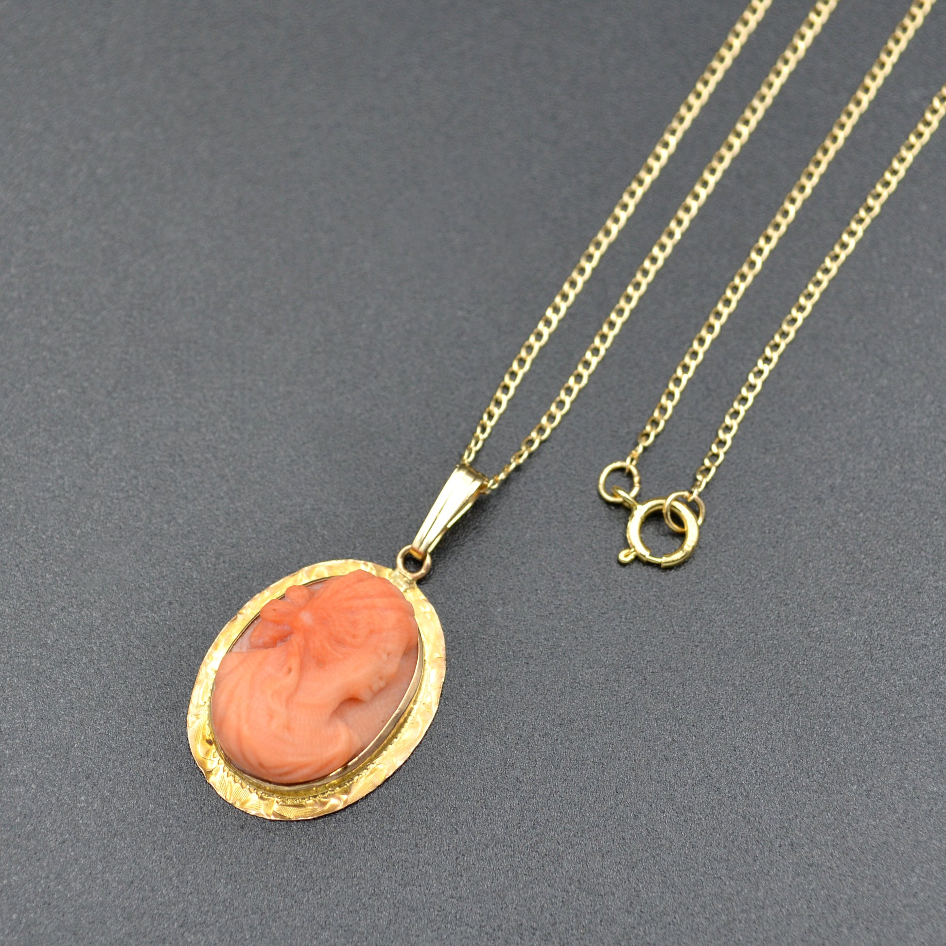 Antique Carved Coral Cameo and 14k Gold Necklace 
