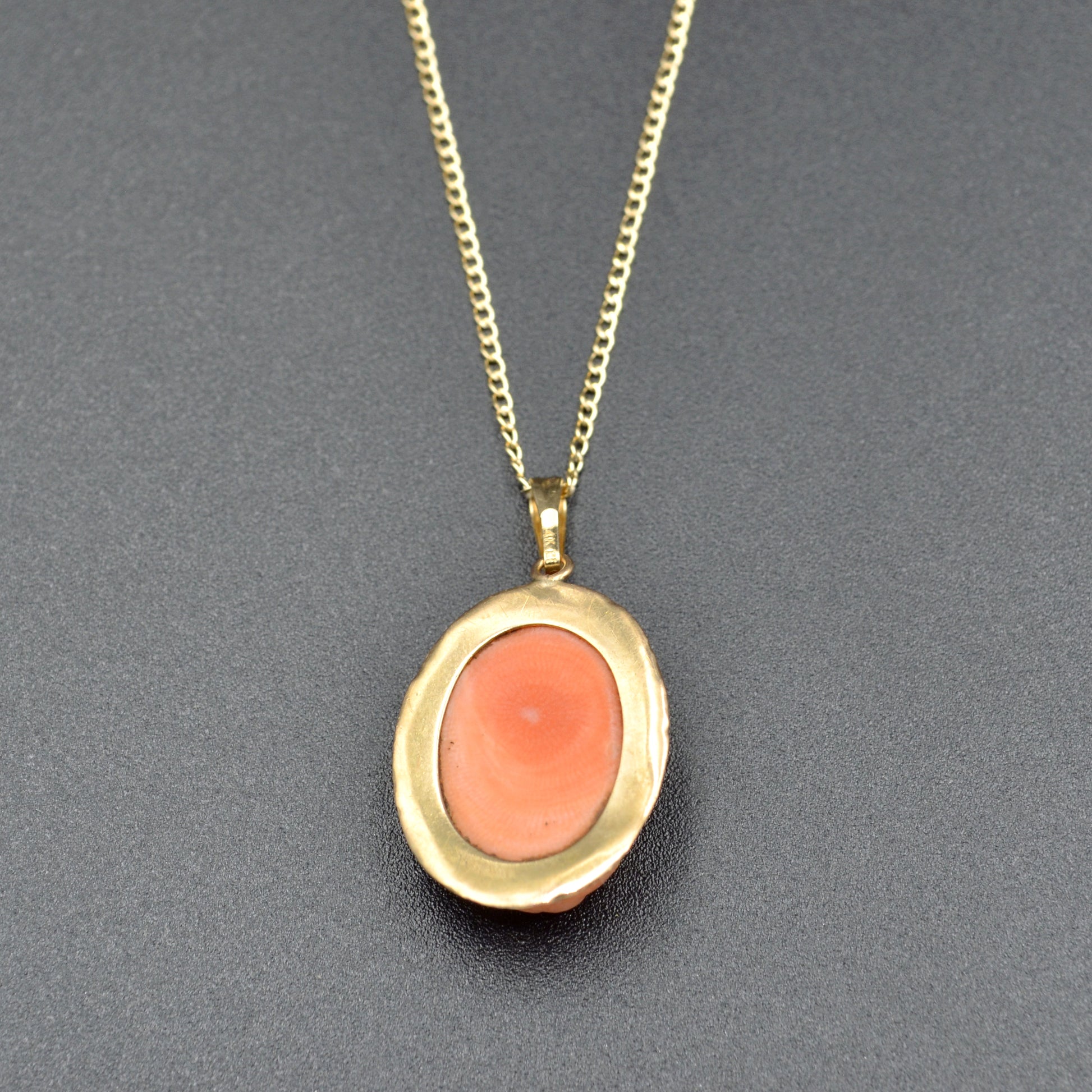Antique Carved Coral Cameo and 14k Gold Necklace 