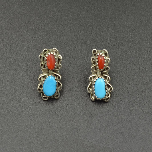 Coral, Turquoise and Silver Earrings