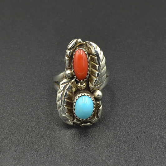 Coral, Turquoise and Silver Ring