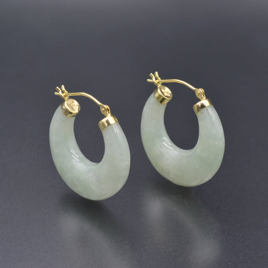 Vintage Chunky Light Green Jade Hoop 14k Gold Earrings