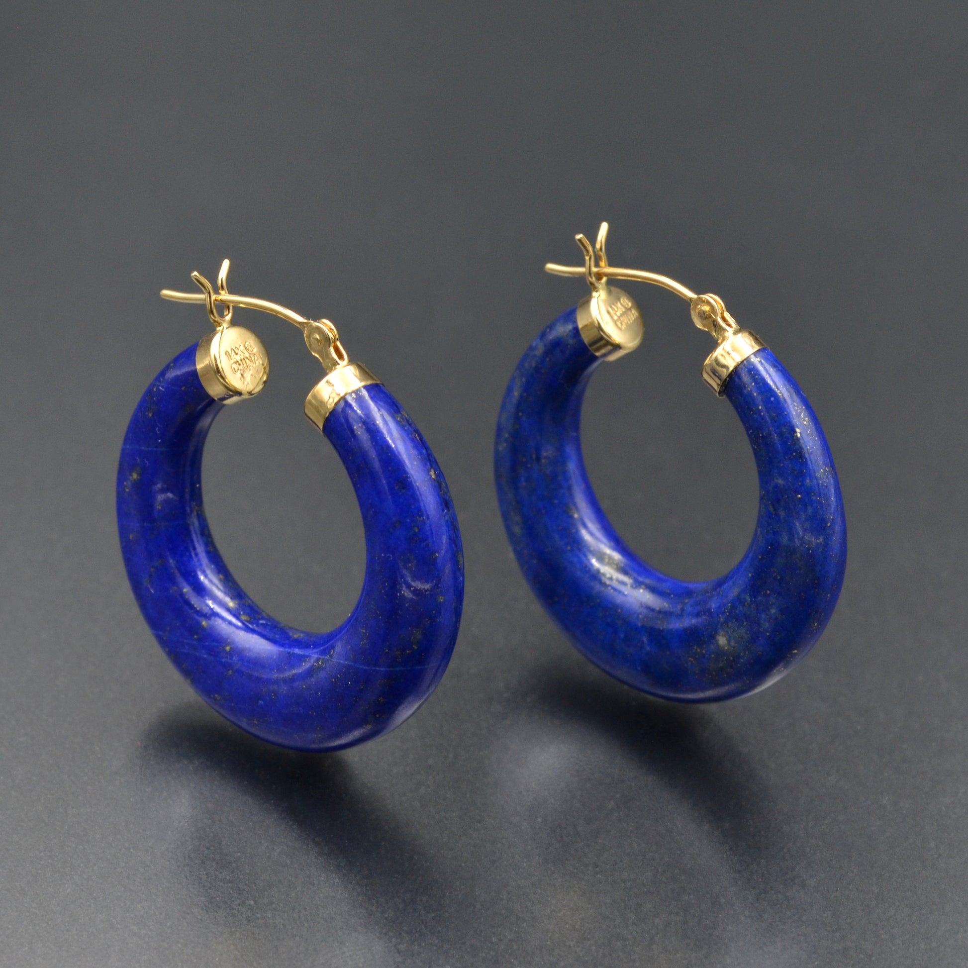 Vintage Lapis Lazuli and 14k Gold Carved Hoop Earrings