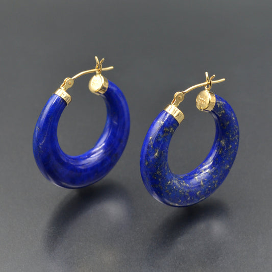 Vintage Lapis Lazuli and 14k Gold Carved Hoop Earrings