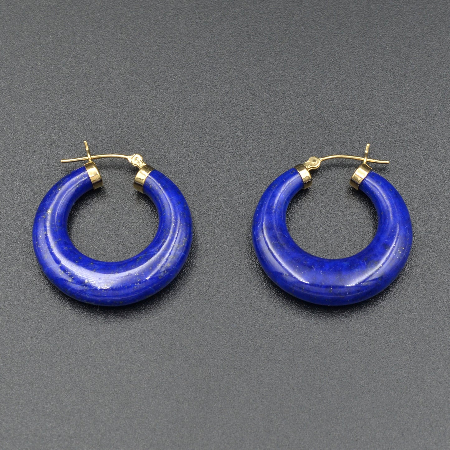 Vintage Lapis Lazuli and 14k Gold Carved Hoop Earrings