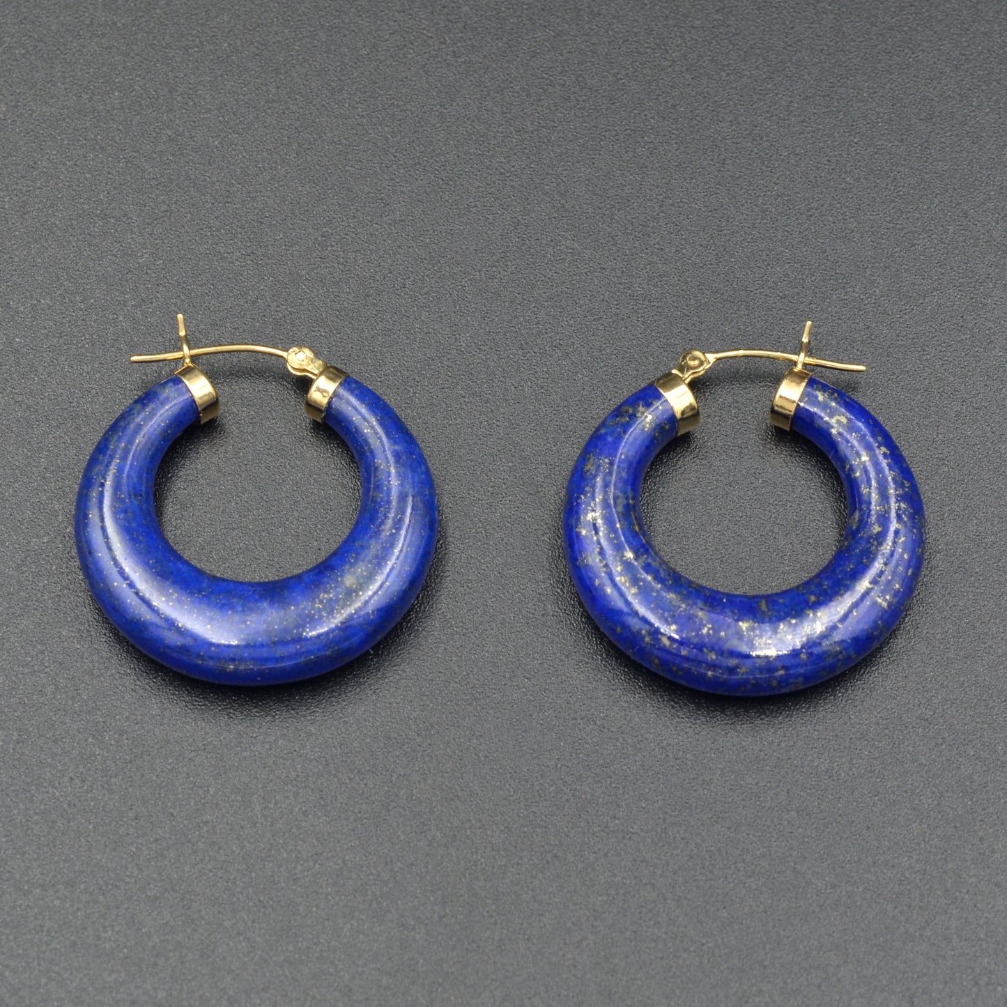 Vintage Lapis Lazuli and 14k Gold Carved Hoop Earrings